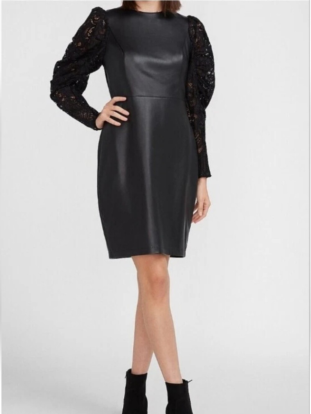 NWT Express Black Faux Leather & Lace Puff Shoulder Mini Dress Long Sleeve XS